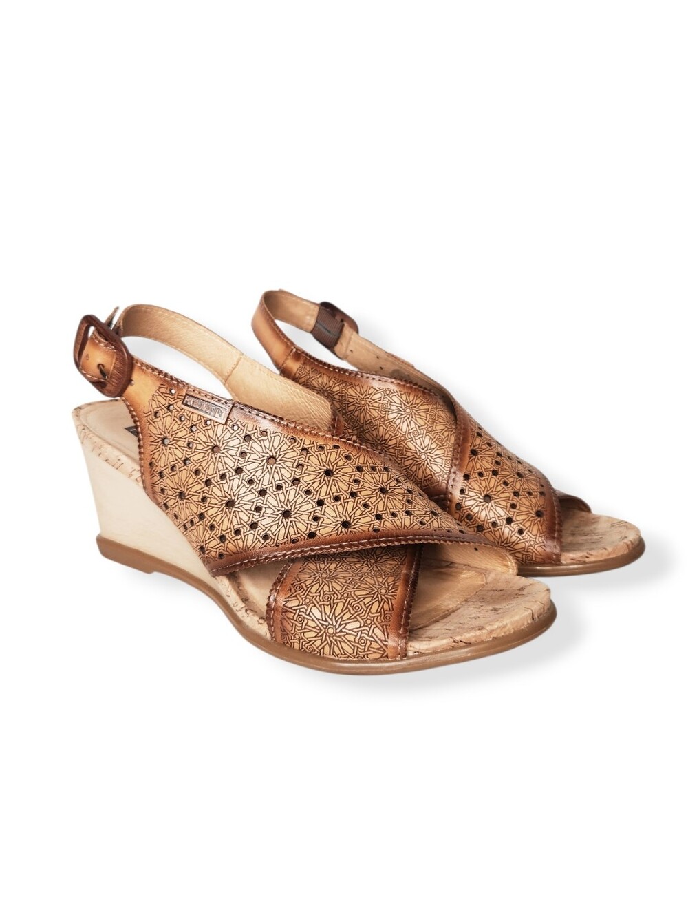 Pikolinos VIGO Leather Wedge Laurel Tan Brown Laser-Cut Slingback Sandal Size 41